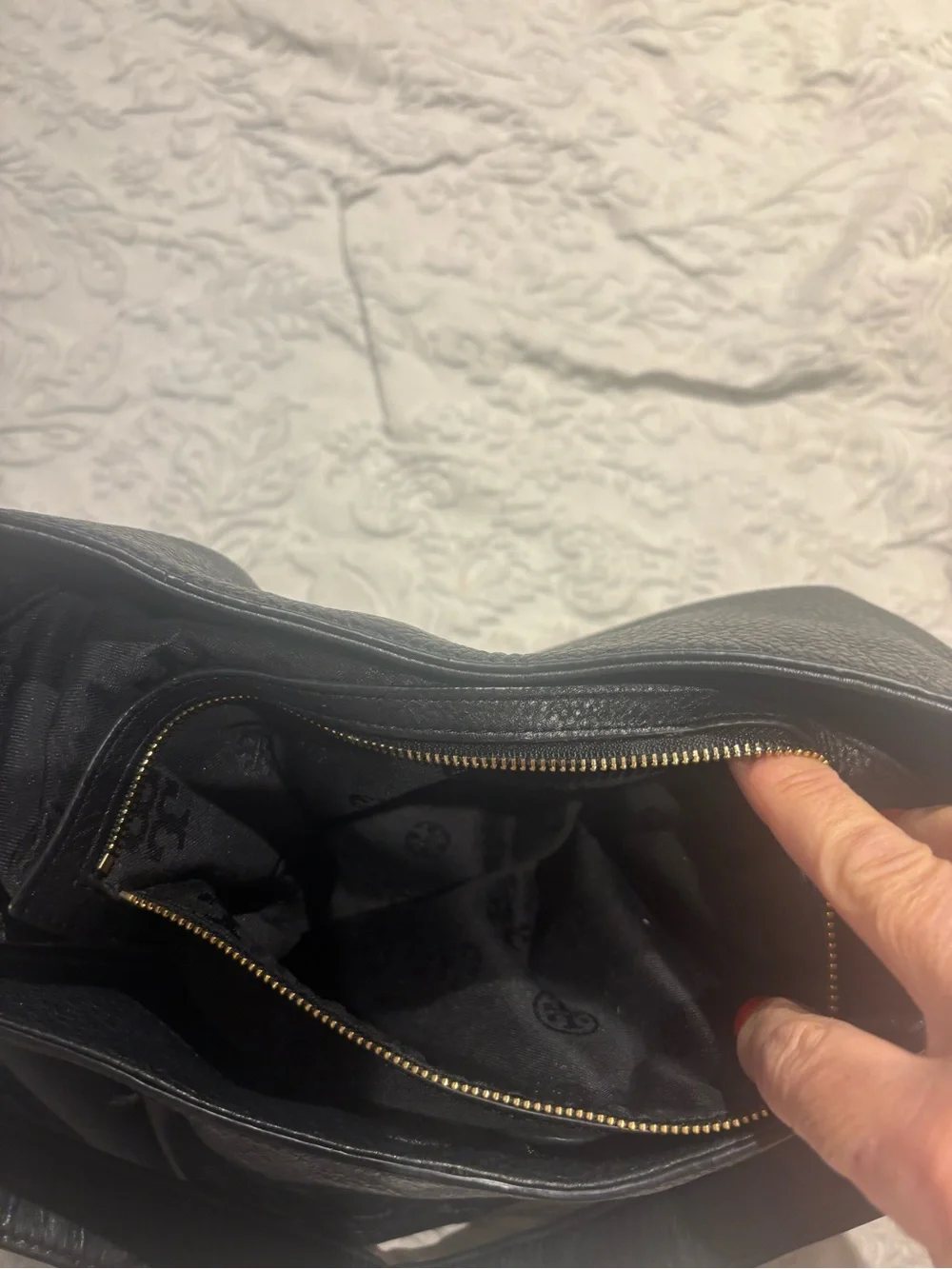 Tory Burch Black Pebbled Leather Shoulder Bag with Tassels